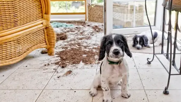 two naughty puppies looking sorry for themselves
