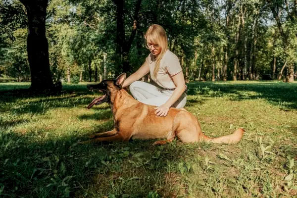 femme avec malinois belge au parc
