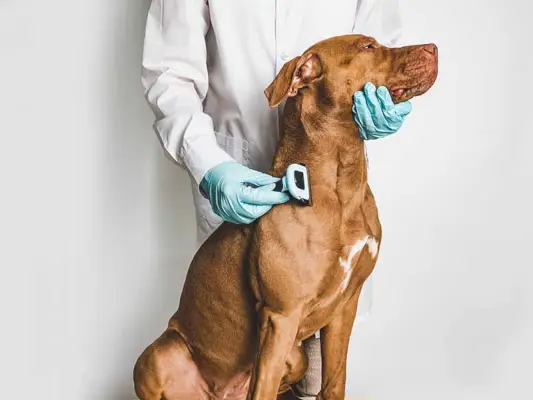 Mann bürstet Vizsla-Hund