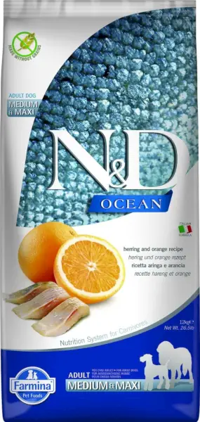 Farmina N&D Ocean Herring & Orange Medium i Maxi, bezzbożowa, sucha karma dla dorosłych psów