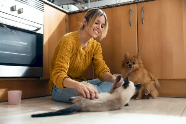 kobieta bawiąca się ze swoimi zwierzętami