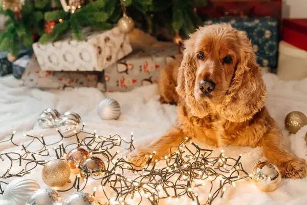 Dog sitting next to holiday decorations, one of the winter dangers.