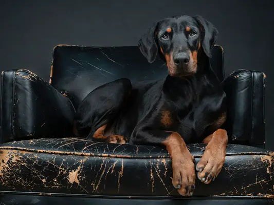 A Doberman Pinscher, a working breed, with un-cropped ears sits on a leather couch in a photo studio.