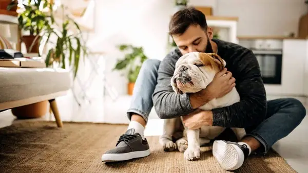 Photograph of a young man hugging his English Bulldog, a smart dog breed choice for a dog-friendly condo.