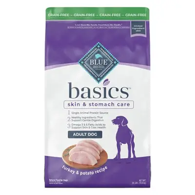 Blue Buffalo Basics Soins de la peau et de l'estomac Formule sans céréales Recette de dinde et de pommes de terre Nourriture sèche pour chiens adultes