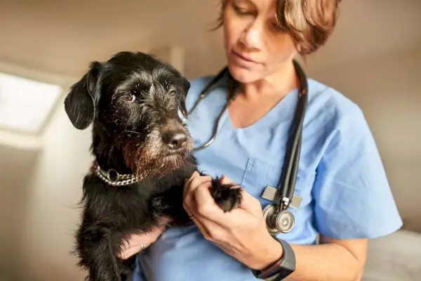 Veterinar care examinează labele unui câine