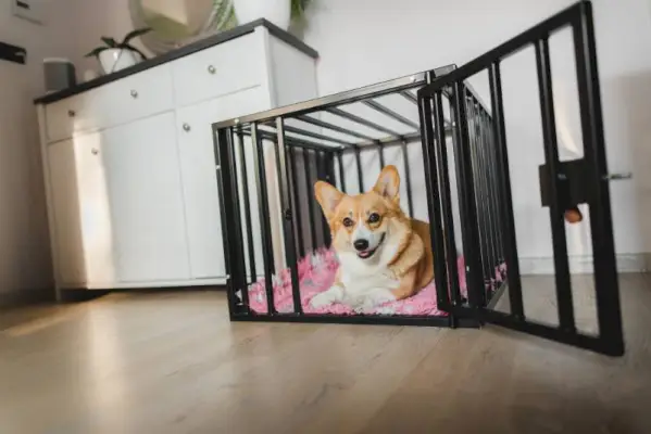 Perro pembroke corgi galés en una jaula abierta durante un entrenamiento en jaulas