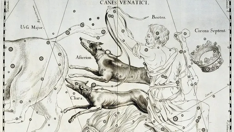 Lengyelország – január 09.: Canes Venaticic A vadászkutyák boreális konstellációja Az illusztráció Johann Hevelus (1611-1687) Star Atlas Firmamentum Soisescianum Sive Uranographia Gdansk Astronomico di brari (könyvtár) című művéből (fotó: deagostini/getty images)' title=