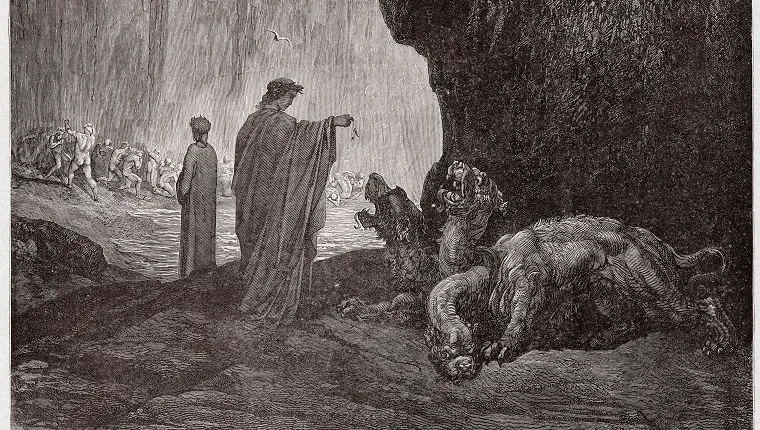 Az isteni színjáték (La Divina Commedia La Divine Comedie) Inferno Canto 6 : Vergilius táplálja a Cerberust a harmadik körben - Dante Alighieri (1265-1321) - Gustave Dore metszete (1832-1883) 1885 (Fotó: Stefano Bianchetti/C)' title=