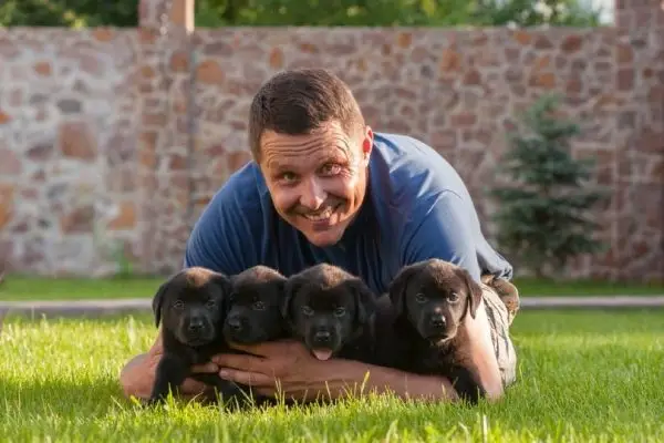 koirankasvattaja pentujen kanssa