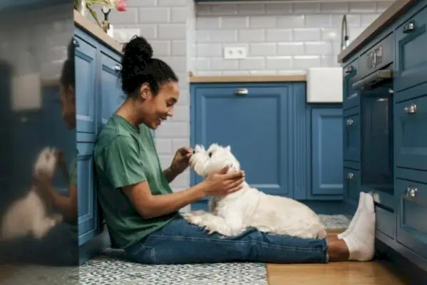 Sorridente donna africana di mezza età che gioca con il suo cane in cucina