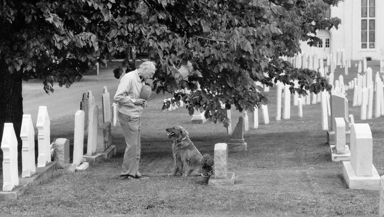 UN HOMME ÂGÉ AVEC UN CHAPEAU SUR SON CŒUR ET UN CHIEN DE COMPAGNIE VISITANT LA TOMBE D'UN AIMÉ AU CIMETIÈRE DE L'ENCLOS PAROISSIAL (Photo de Camerique/ClassicStock/Getty Images)' title=