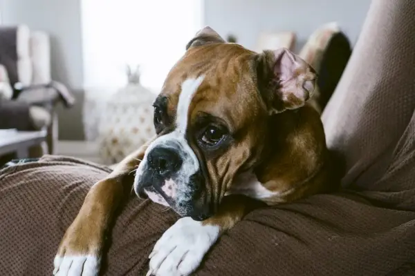 boxerhund lutad på en soffa
