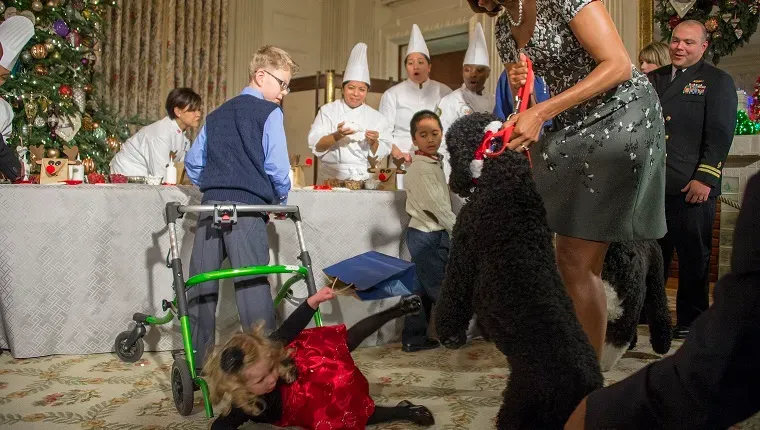 Michelle Obama povlači Sunny natrag dok djevojčica pada na pod.' title=