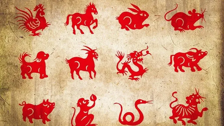 Dzīvnieks uz ķīniešu zodiaka sēpijas tekstūras papīra fona' title=